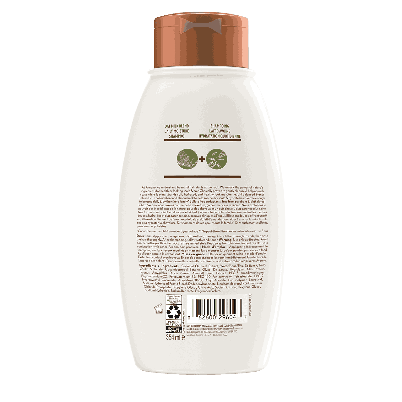 Shampoing AVEENO® Lait d’avoine Hydratation quotidienne, Panneau arrière du Flacon de 354 ml