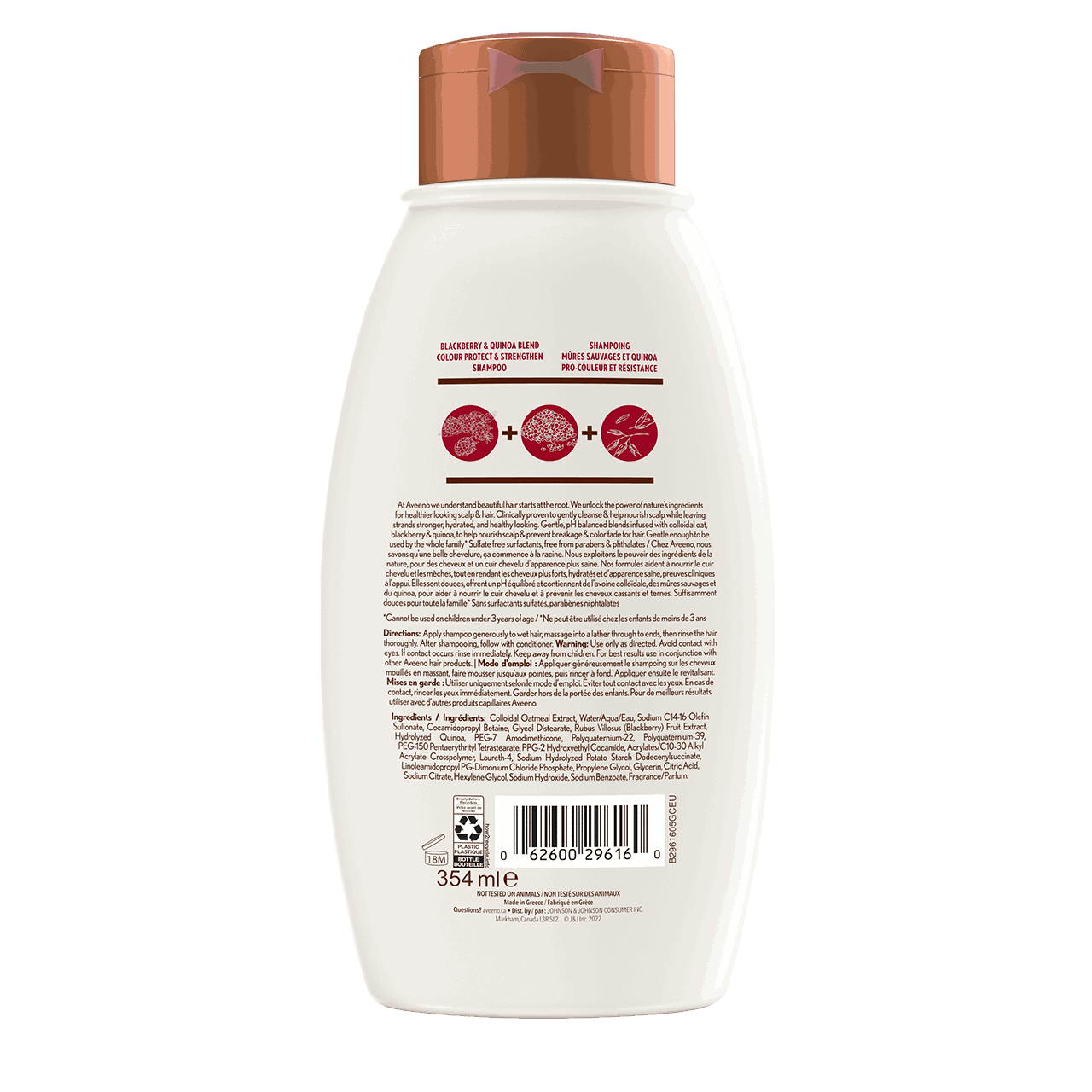 Shampoing AVEENO® Mûres sauvages et quinoa, Panneau arrière du Flacon de 354 ml
