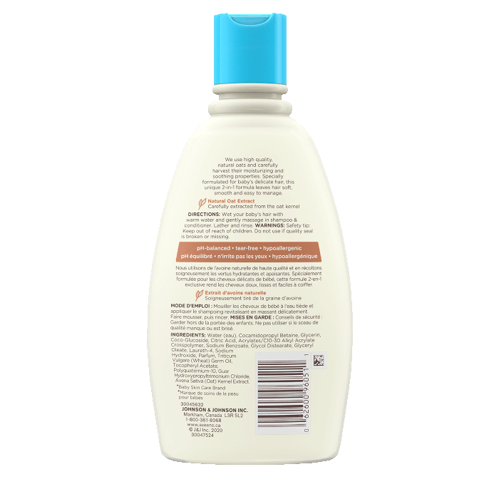 Étiquette arrière du flacon de 354 ml du shampoing et revitalisant quotidien AVEENO® Baby