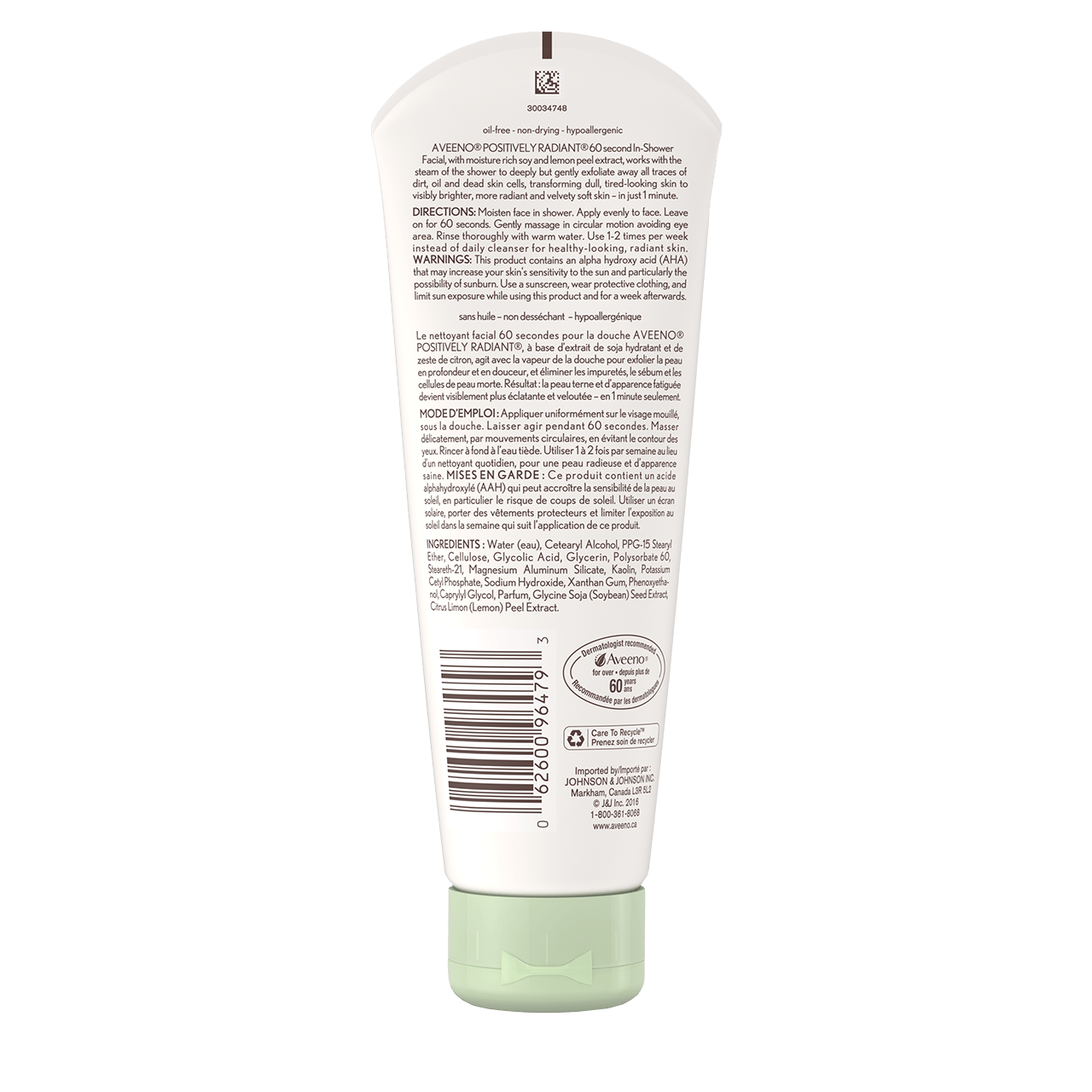 Étiquette arrière du tube de 141 g du nettoyant facial 60 secondes pour la douche AVEENO® POSITIVELY RADIANT®