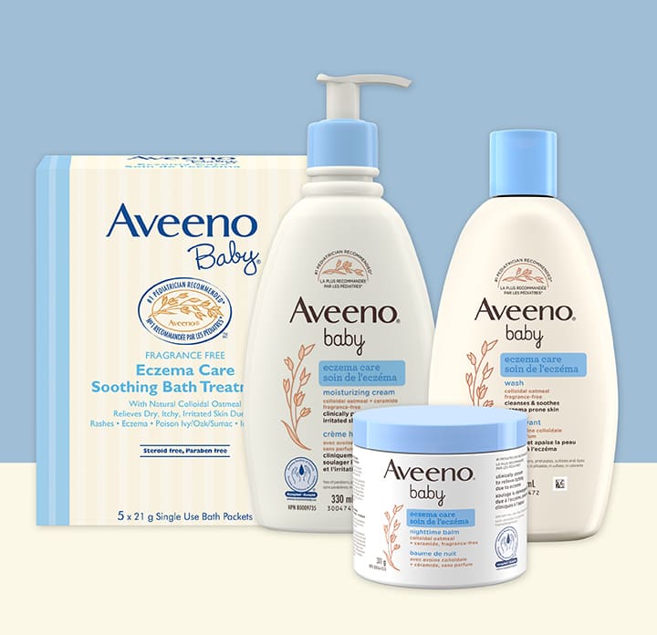 Produits Aveeno® Baby Soin de l’eczéma : Soin nettoyant corporel, baume de nuit, crème hydratante et traitement apaisant pour le bain