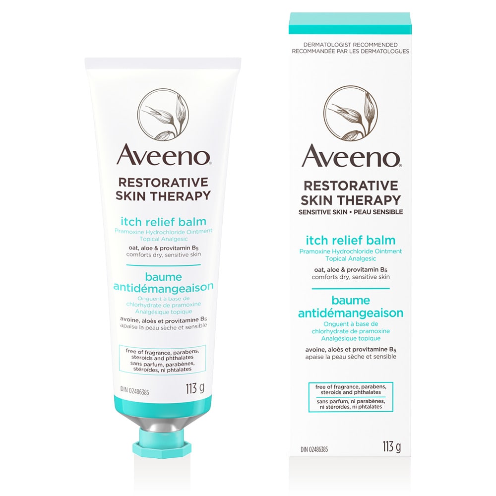 AVEENO® Restorative Skin Therapy Itch Relief Balm packaing and 113g tube