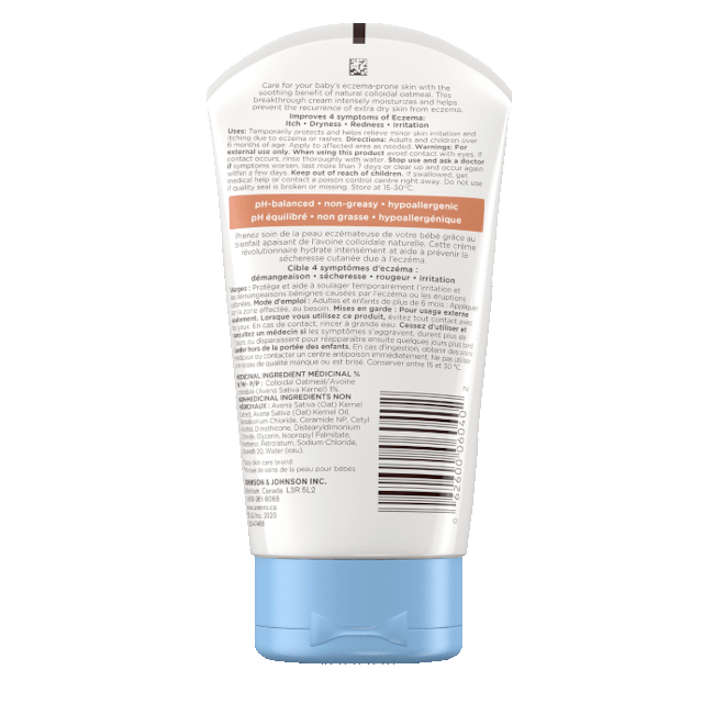 Étiquette arrière du tube de 166 ml de la crème hydratante AVEENO® BABY Soin de l'eczéma, avec avoine colloïdale et céramides