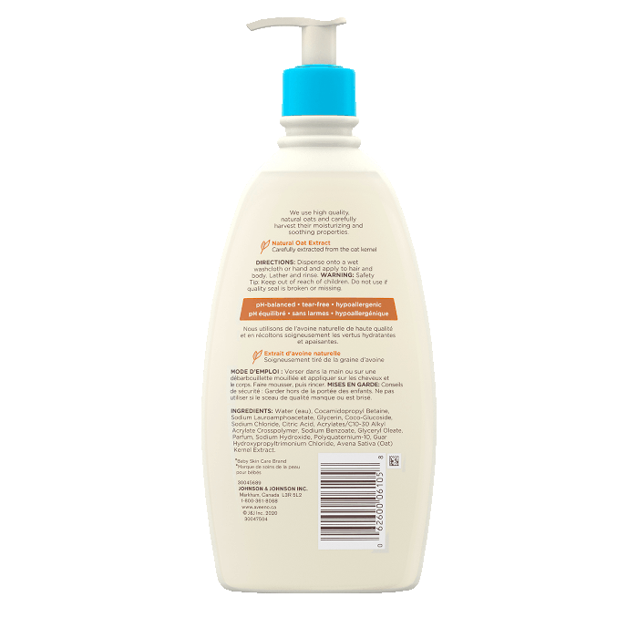 Étiquette arrière du flacon de 532 ml du nettoyant et shampoing AVEENO® BABY avec extrait d'avoine naturelle