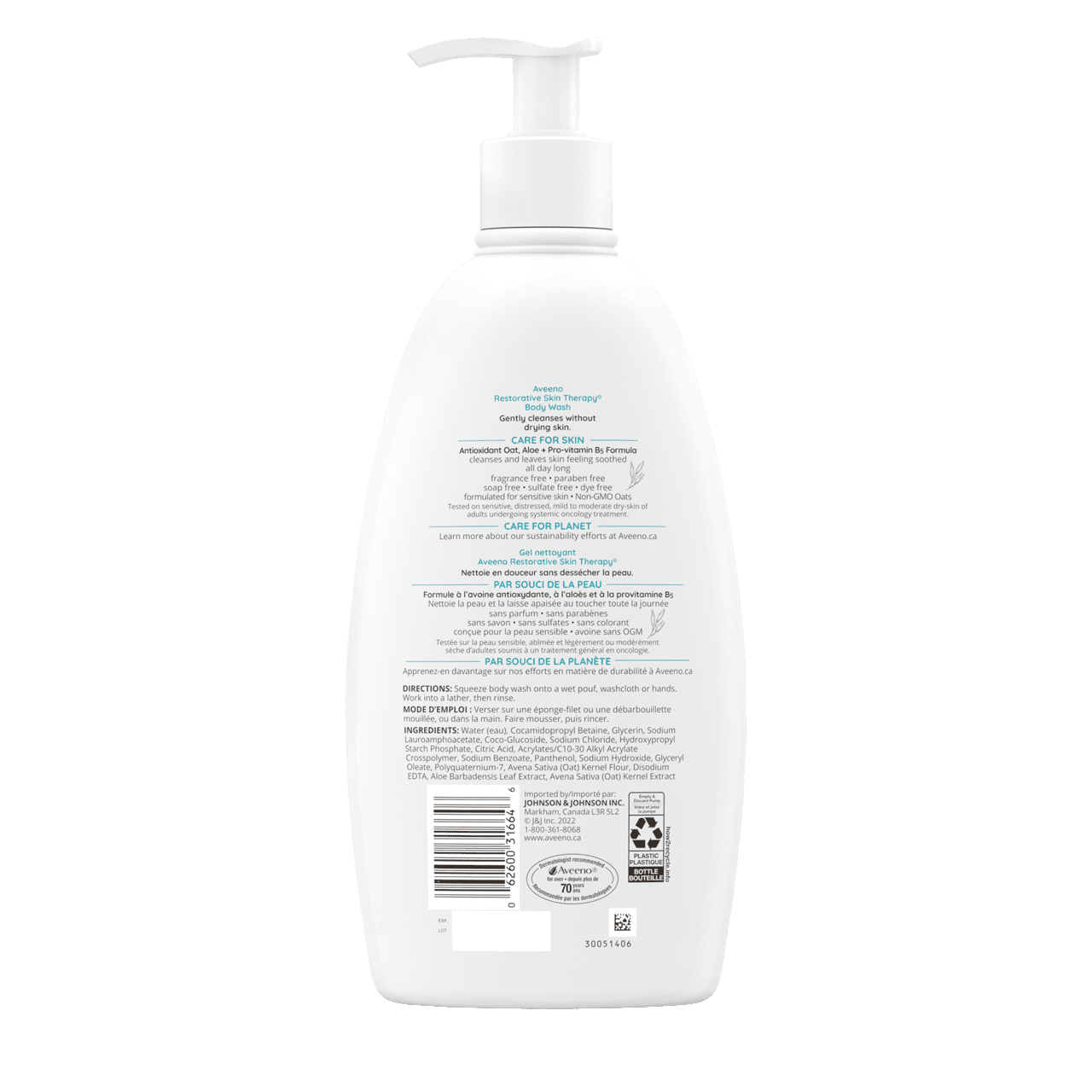 Panneau arrière du flacon du gel nettoyant AVEENO® Restorative Skin Therapy