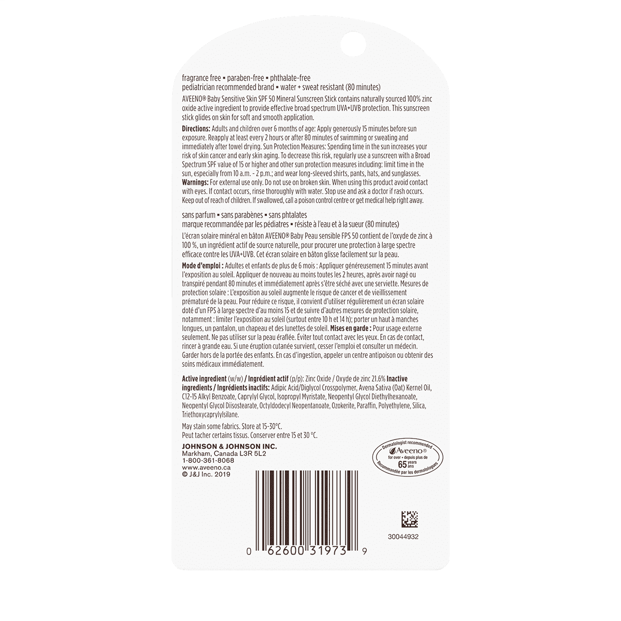 Étiquette arrière du sachet de 13 g de l'écran solaire minéral FPS 50 AVEENO® Baby Peau sensible