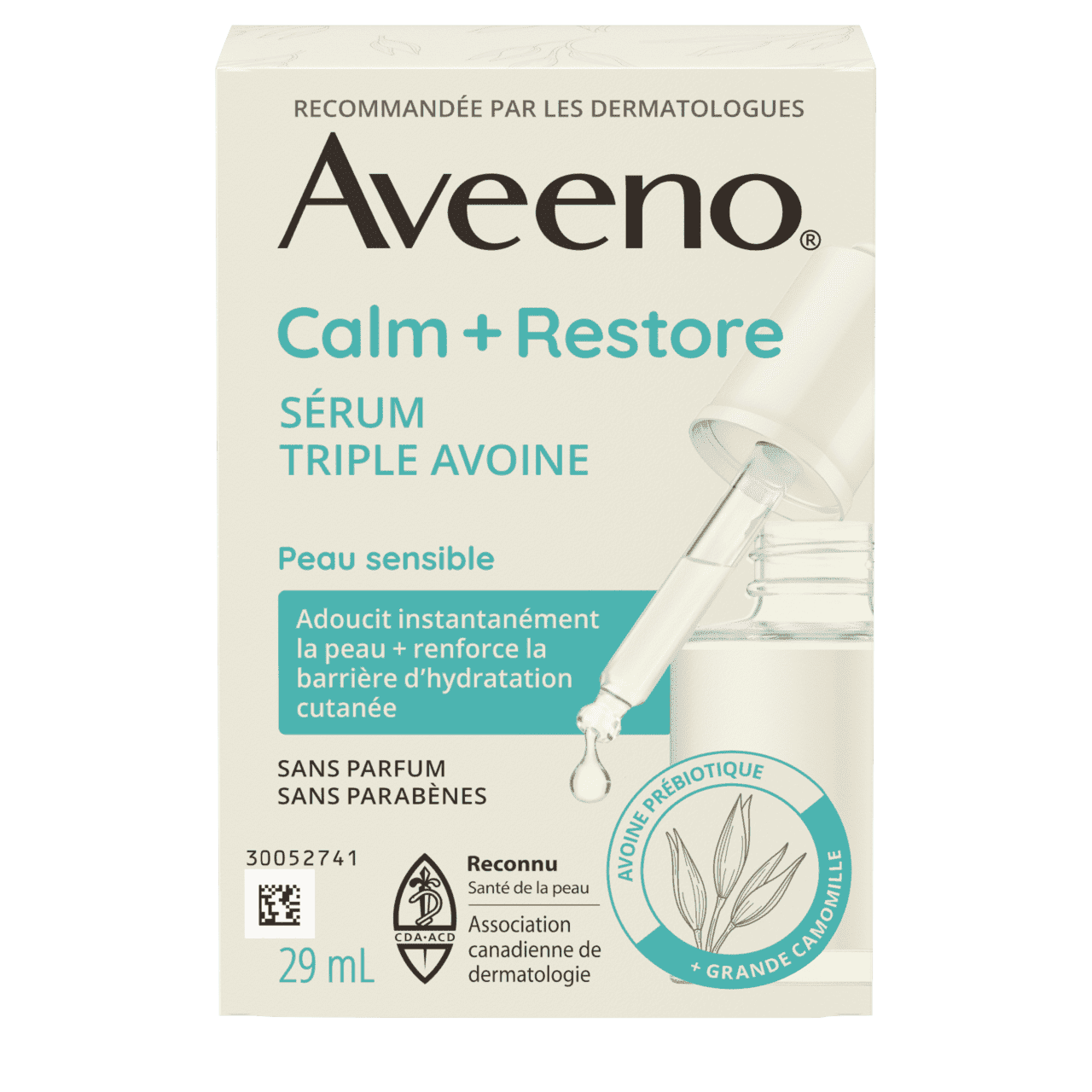 Panneau anglais de l'emballage du sérum triple avoine AVEENO® Calm + Restore