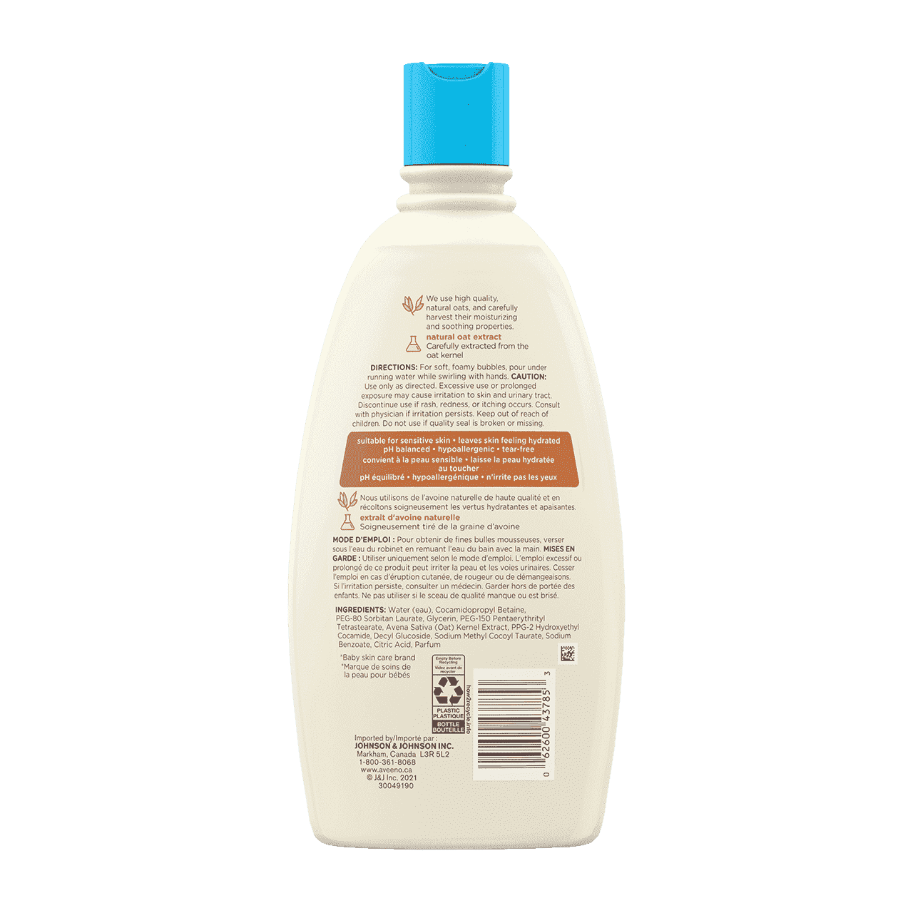 Étiquette arrière du bain moussant Aveeno® Baby pour peau sensible, flacon de 568 ml 