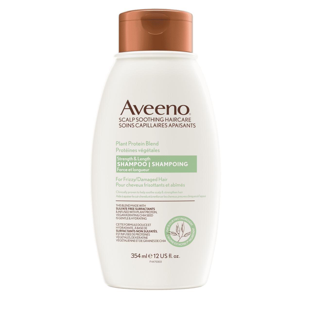 Photo avant d’un flacon compressible de shampoing AVEENO® Protéines végétales Force et longueur, 354 ml