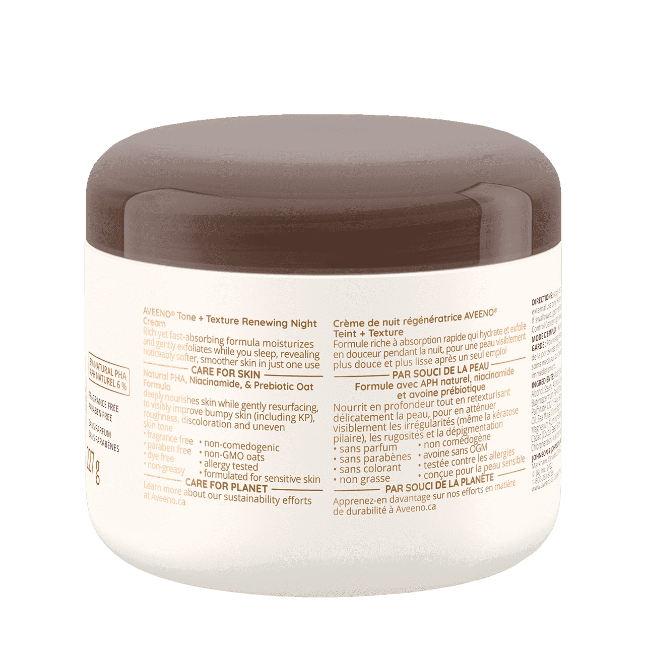 Arrière du pot de 227 g de la crème de nuit régénératrice AVEENO® Teint + Texture