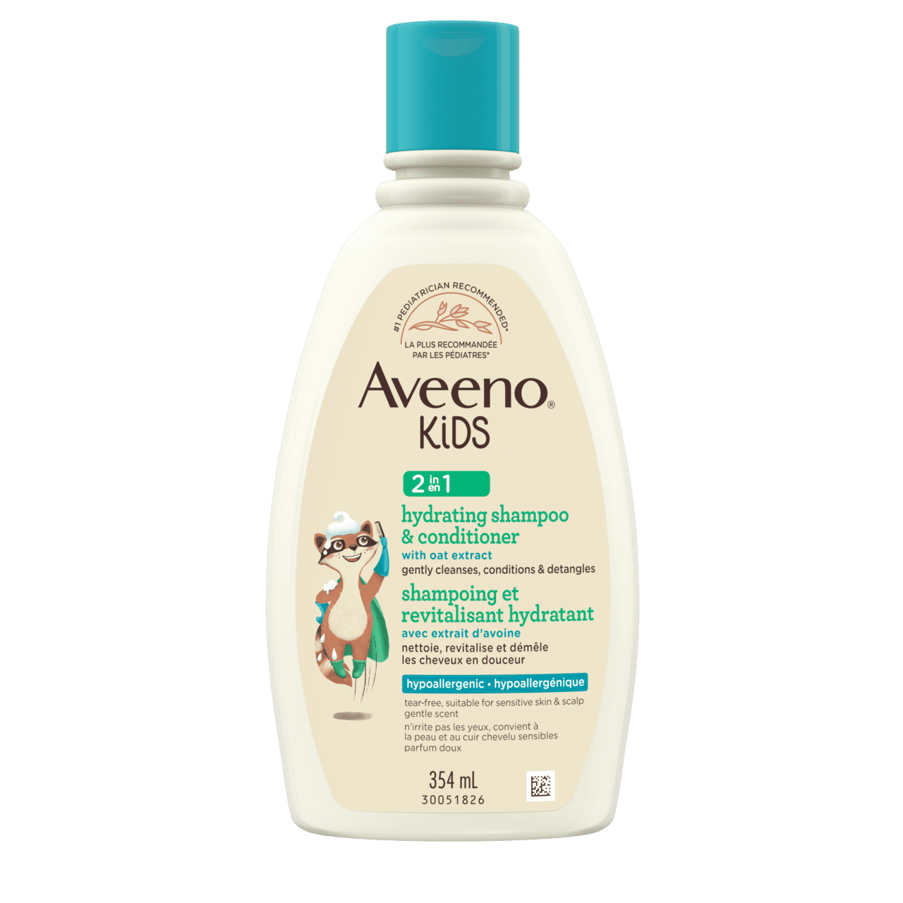 Panneau avant du flacon de 354 ml du shampoing et revitalisant hydratant AVEENO® Kids