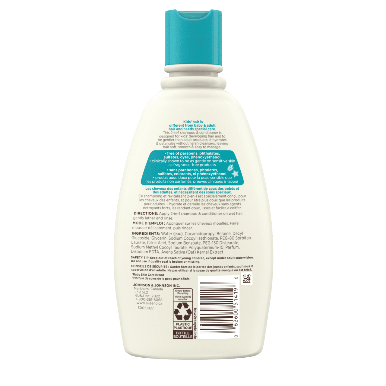 Panneau arrière du flacon de 354 ml du shampoing et revitalisant hydratant AVEENO® Kids