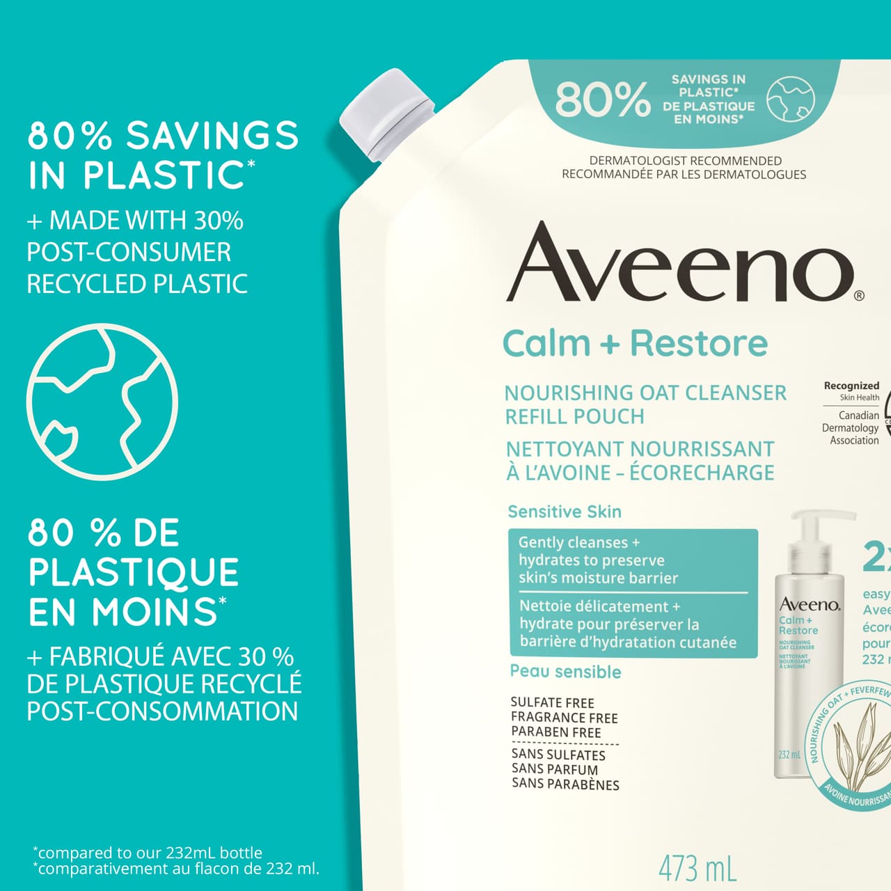 Écorecharge du nettoyant nourrissant AVEENO® Calm + Restore avec la mention :  « 80 % de plastique en moins et avec 30 % de plastique recyclé post-consommation ». 