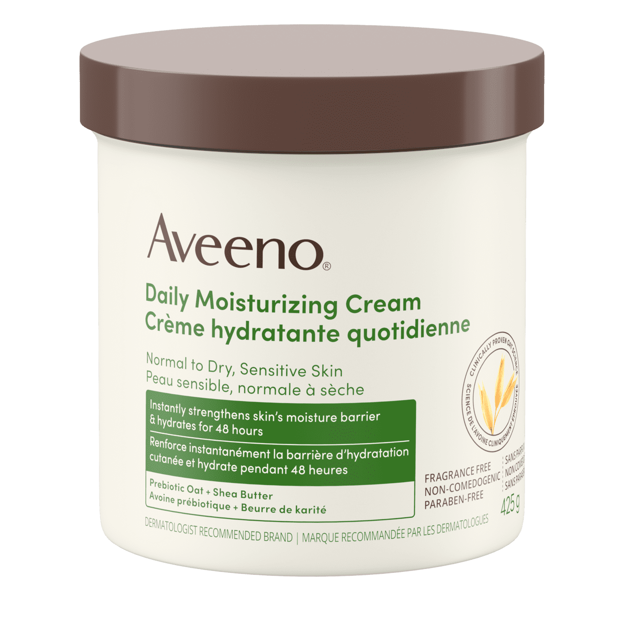 Vue de face de la crème hydratante quotidienne pour peaux sèches et sensibles AVEENO®, pot de 425 g