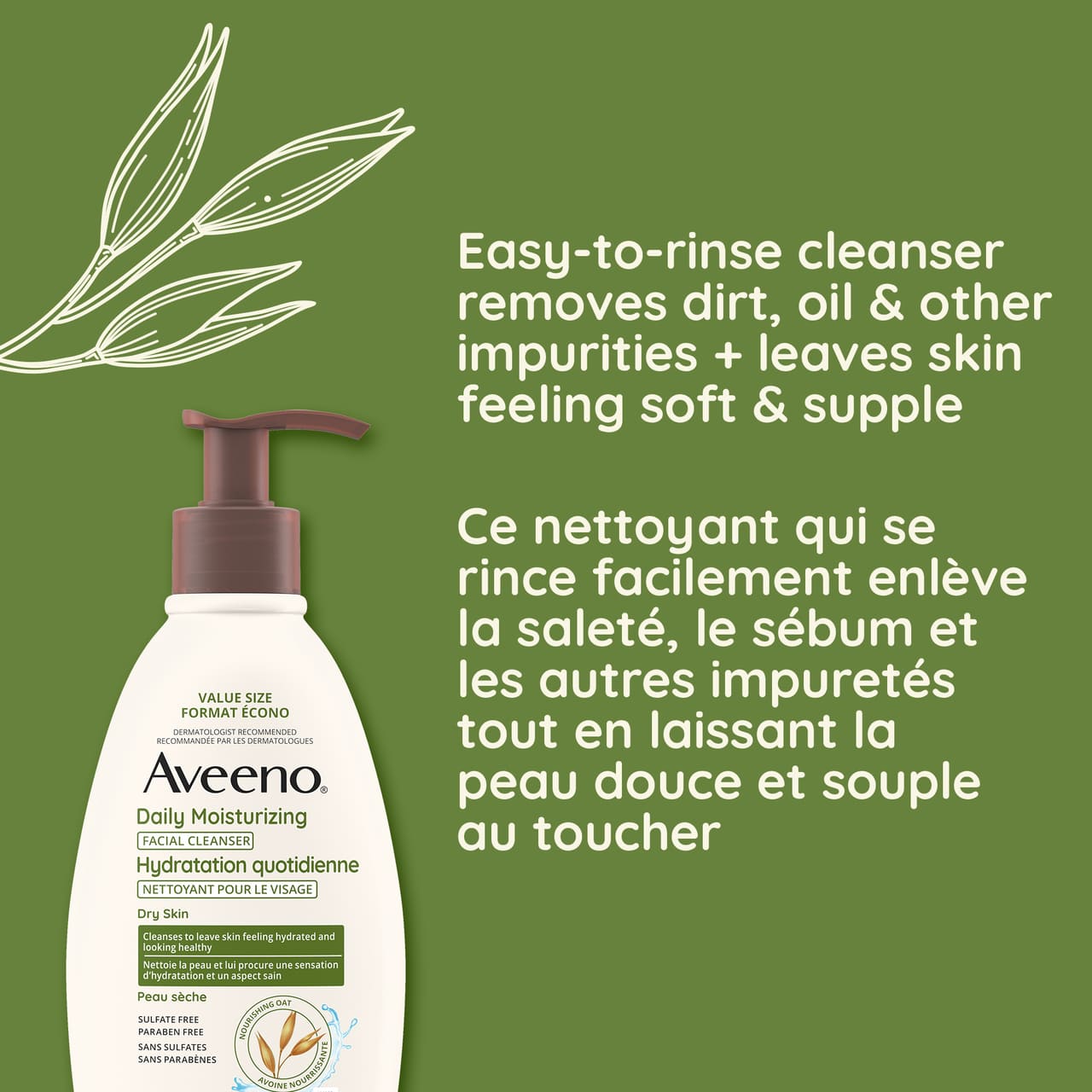 Flacon du nettoyant hydratant quotidien pour le visage AVEENO® avec la mention : « Se rince facilement et enlève la saleté et le sébum et laisse la peau douce au toucher ».