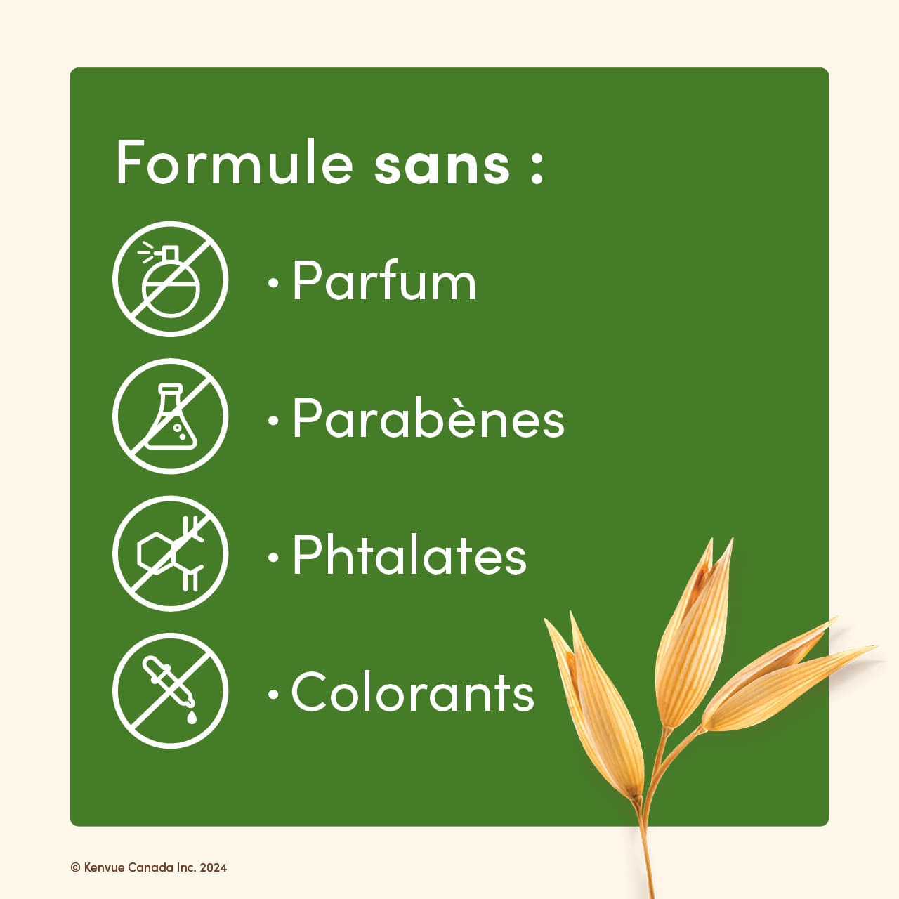 Déclaration indiquant que le produit est exempt de parfum, de parabène, de colorant et de phtalate à côté d’un brin d’avoine