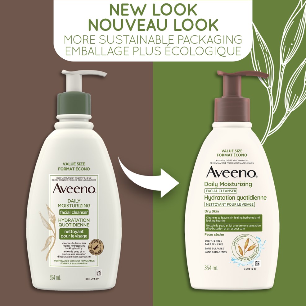 Ancien et nouveau flacon du nettoyant hydratant quotidien pour le visage AVEENO® avec la mention : « Emballage plus écologique ».