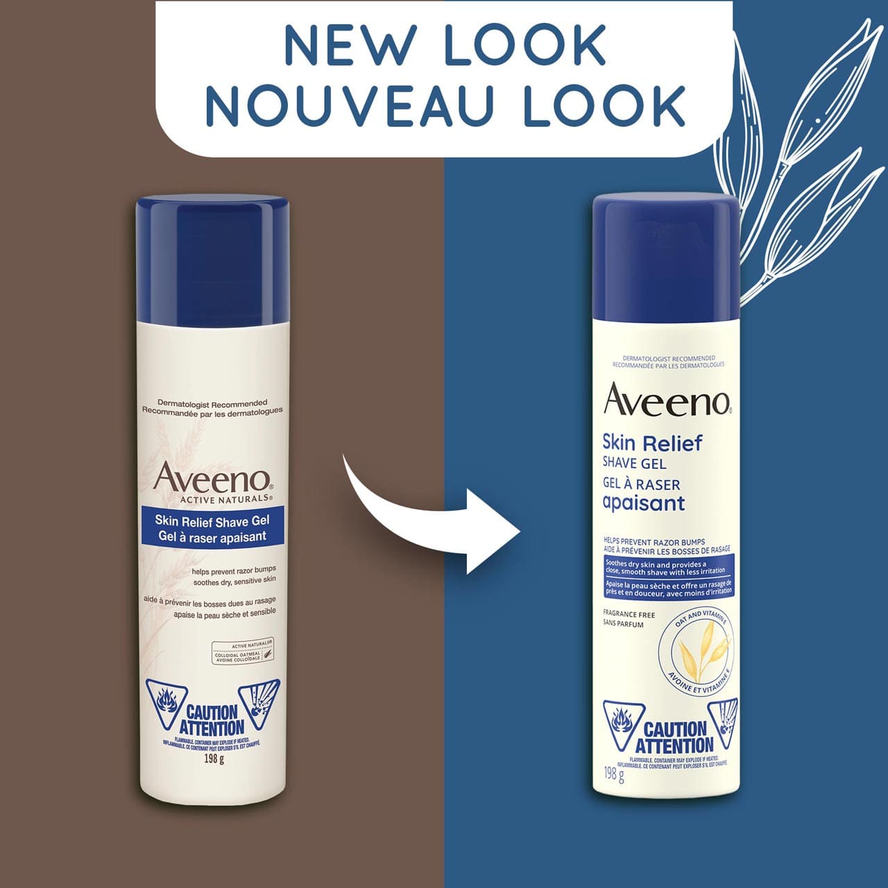 Un ancien et un nouveau flacon facile à presser de 198 g du gel à raser apaisant Aveeno avec la mention « Nouveau look »