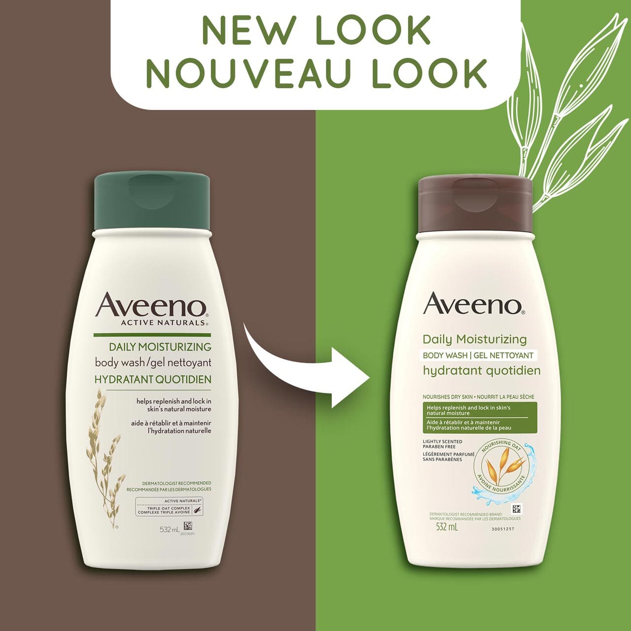 Un ancien et un nouveau flacon à presser de 532 ml du gel nettoyant hydratant quotidien Aveeno, avec la mention « Nouveau look »