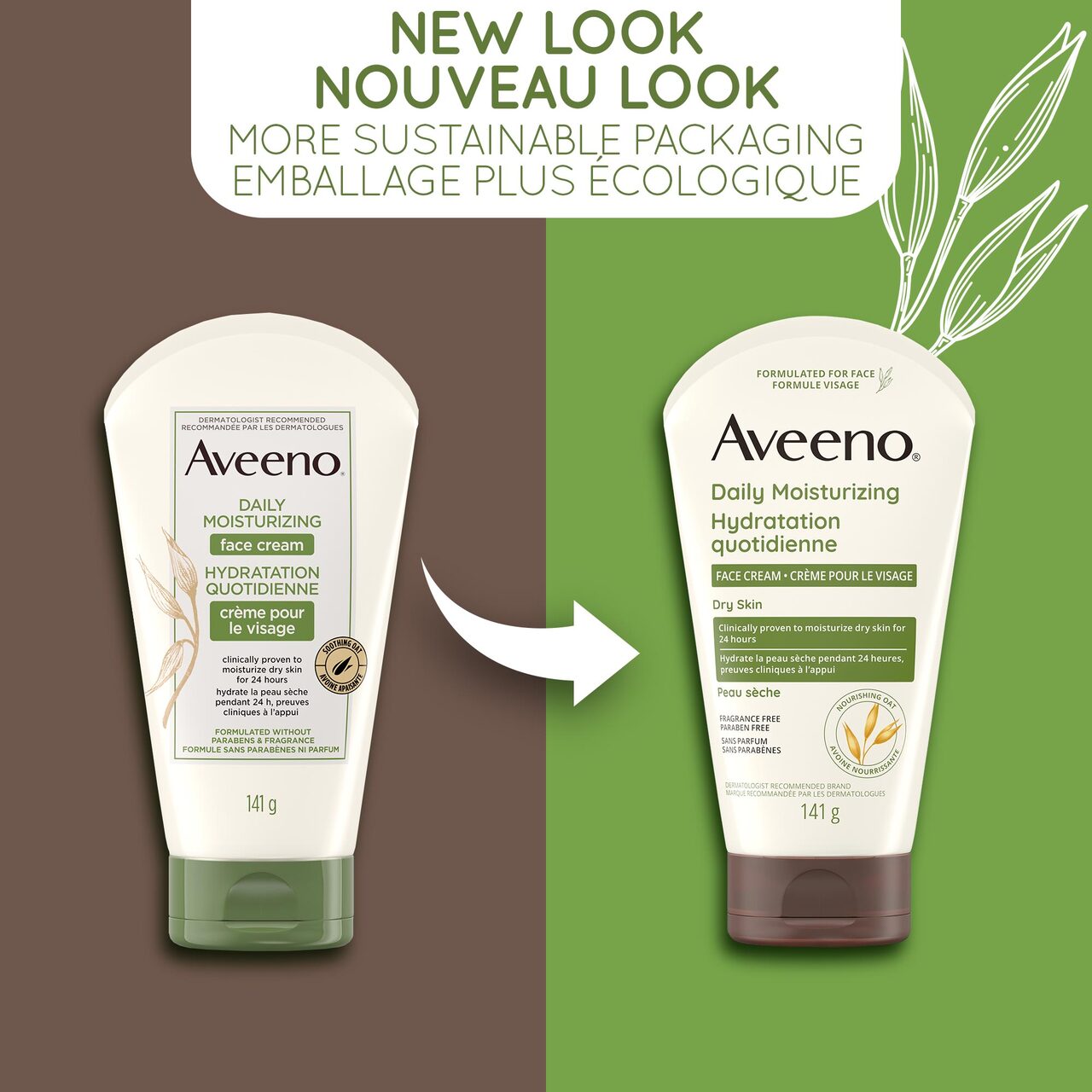 Ancien et nouveau flacon du nettoyant hydratant quotidien pour le visage AVEENO® avec la mention: « Emballage plus écologique ».