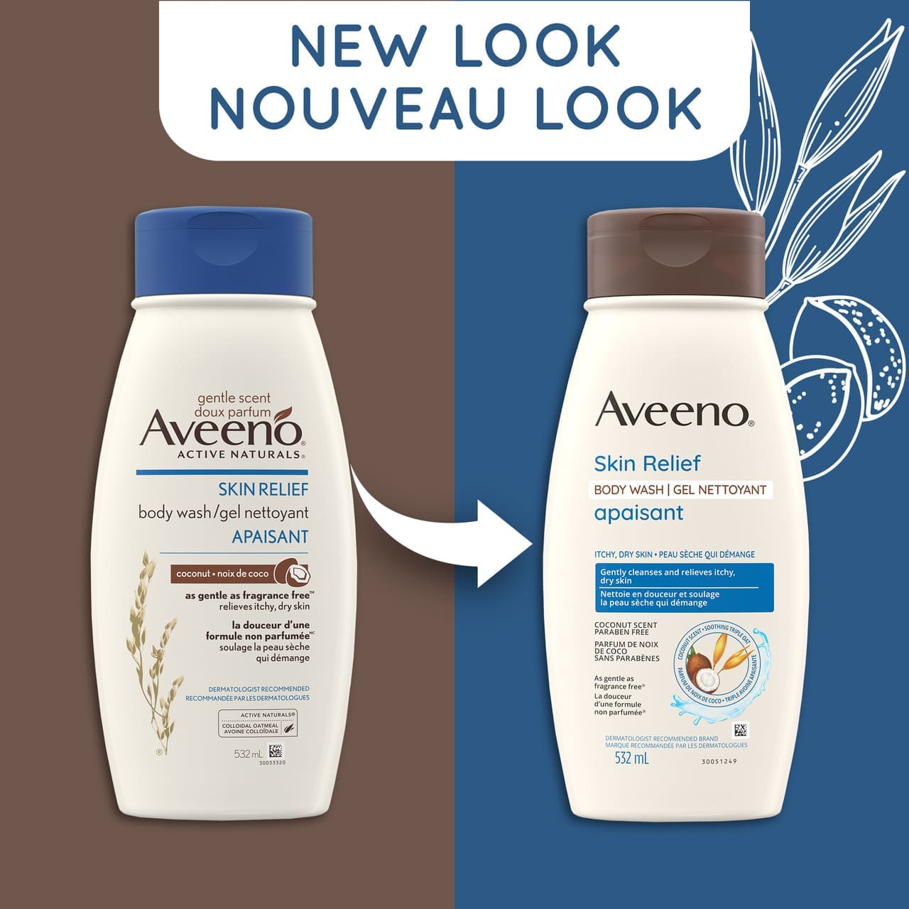 Ancien et nouvel emballage du flacon compressible de 532 ml du gel nettoyant apaisant pour le corps AVEENO®, avec la mention « Nouveau look »