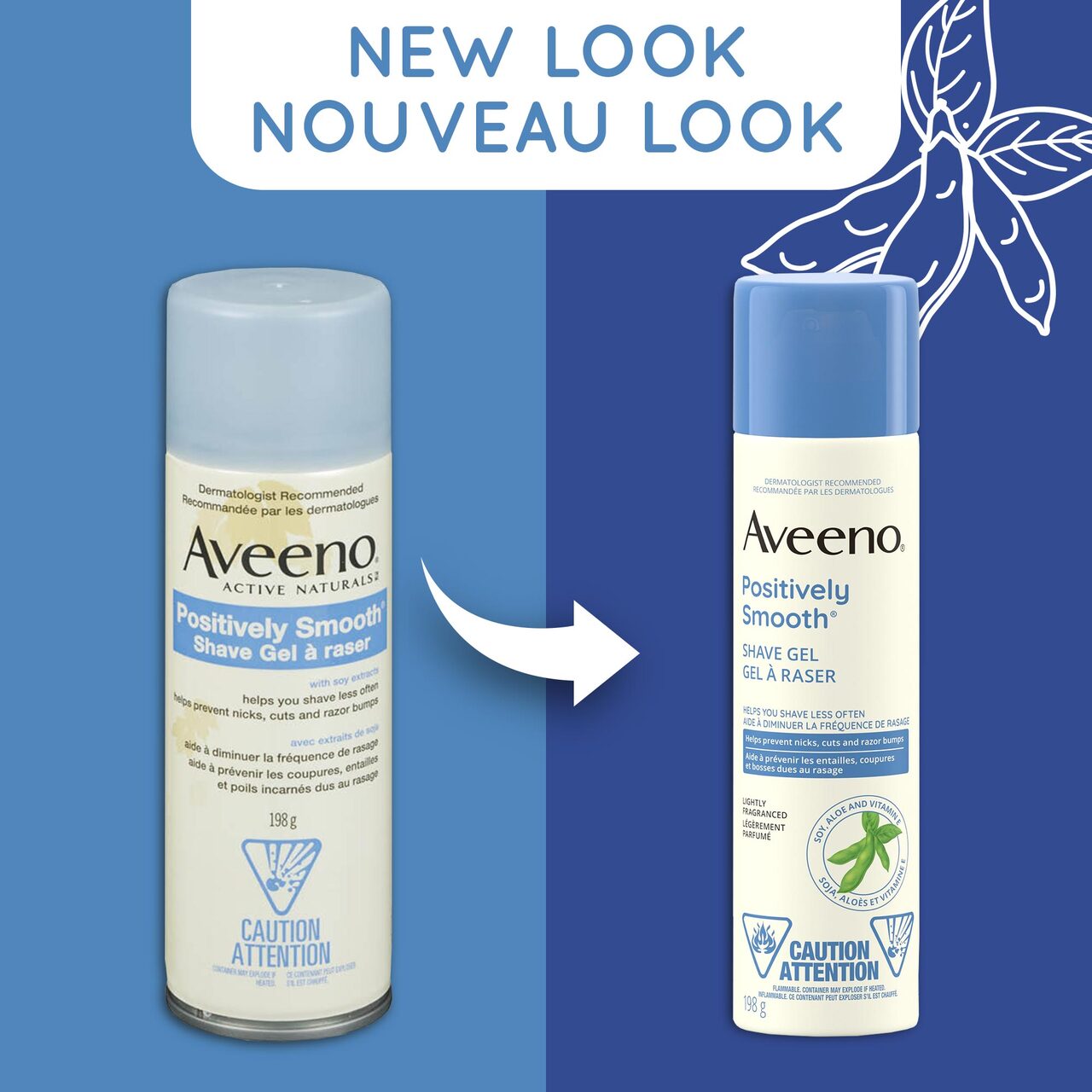 Ancien et nouvel emballage du flacon de 198 g du gel à raser apaisant AVEENO®, avec la mention "nouveau look"