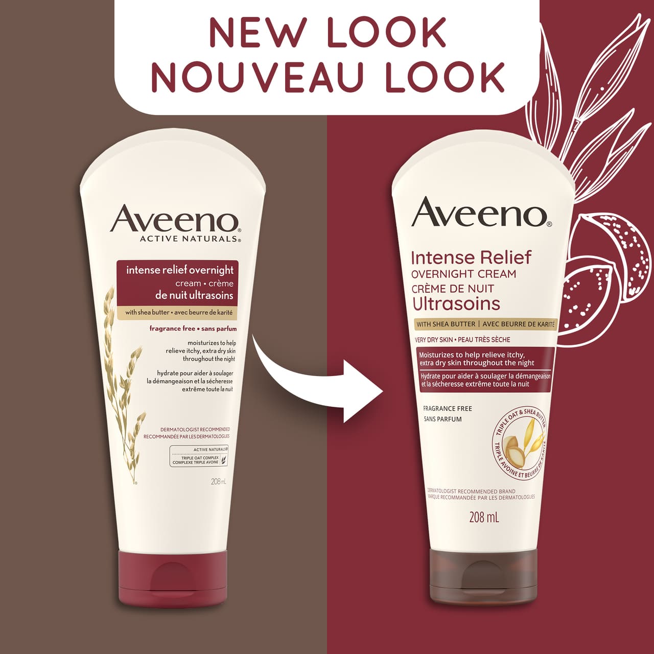 Ancien et nouvel emballage du tube de 208 ml de la crème de nuit Ultrasoins AVEENO®, avec la mention "nouveau look"