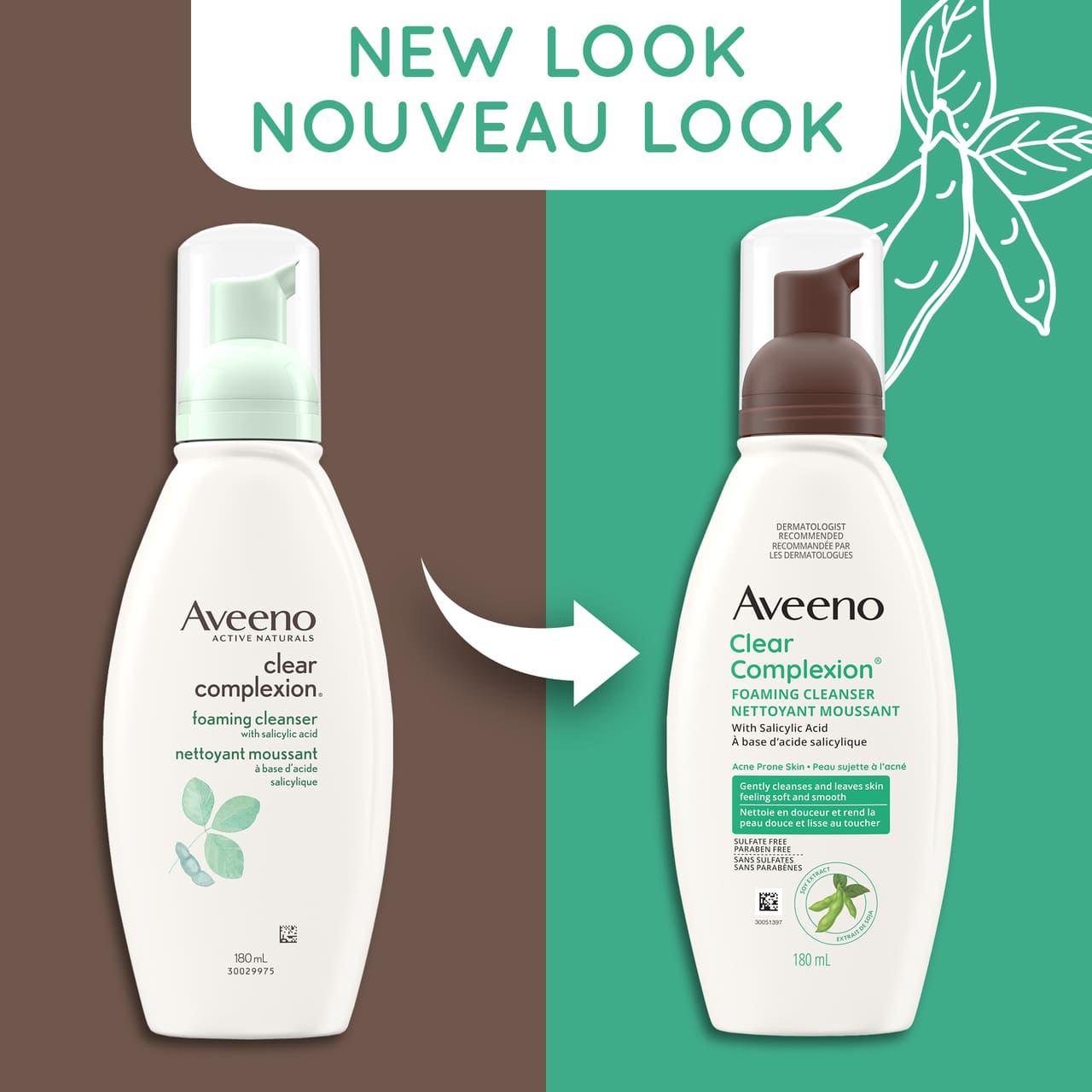 Ancien et nouvel emballage du flacon de 180 ml du nettoyant moussant AVEENO® Clear Complexion, avec la mention "nouveau look"