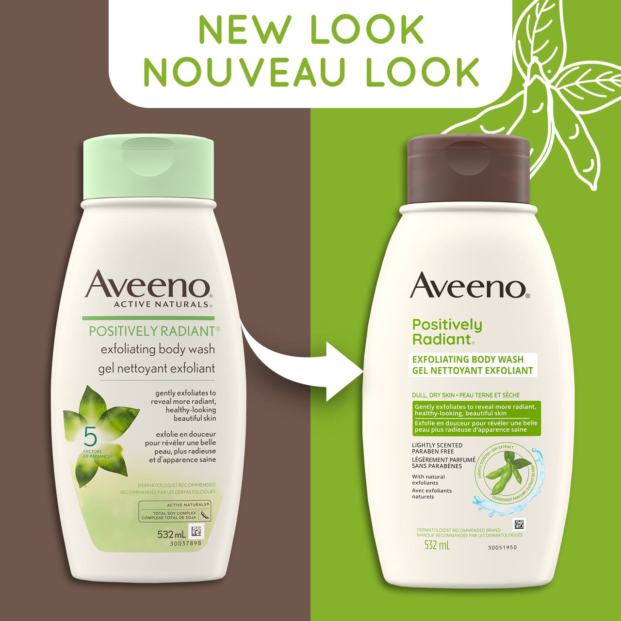 Ancien et nouvel emballage du flacon de 532 ml du gel nettoyant exfoliant AVEENO® Positively Radiant, avec la mention "nouveau look"