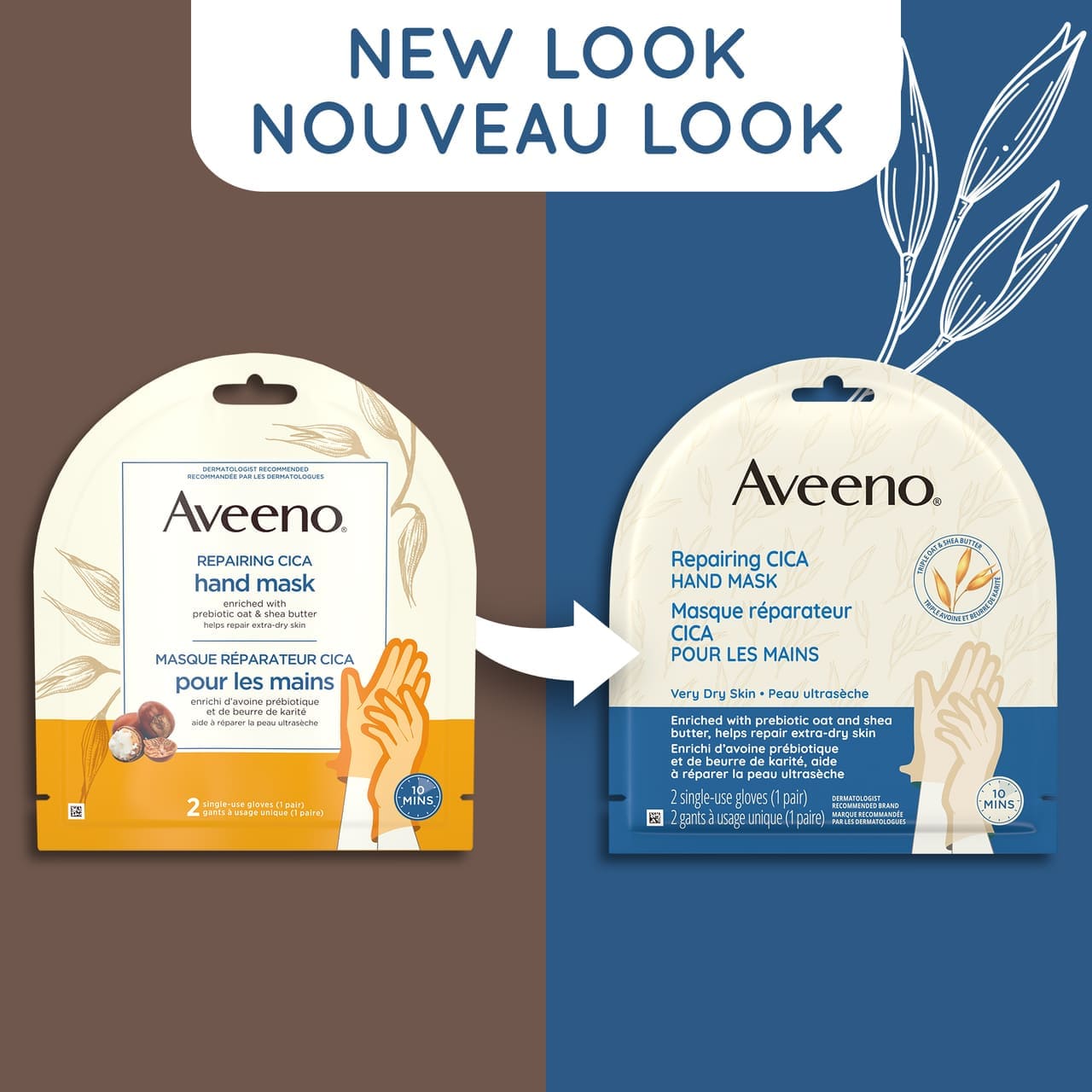 Ancien et nouvel emballage de 2 du masque réparateur CICA pour les mains AVEENO®, avec la mention « Nouveau look »
