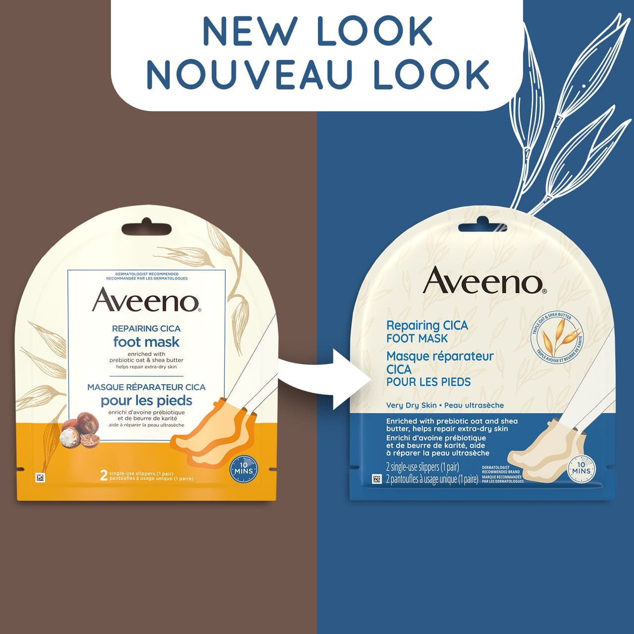 Ancien et nouvel emballage de 2 du masque réparateur CICA pour les pieds AVEENO®, avec la mention « Nouveau look »