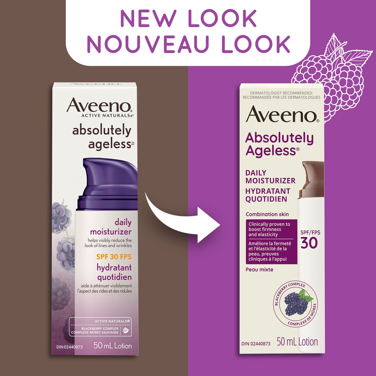 Ancien et nouvel emballage du flacon de 50 ml de l'hydratant quotidien AVEENO® Absolutely Ageless avec FPS 30, avec la mention "nouveau look"