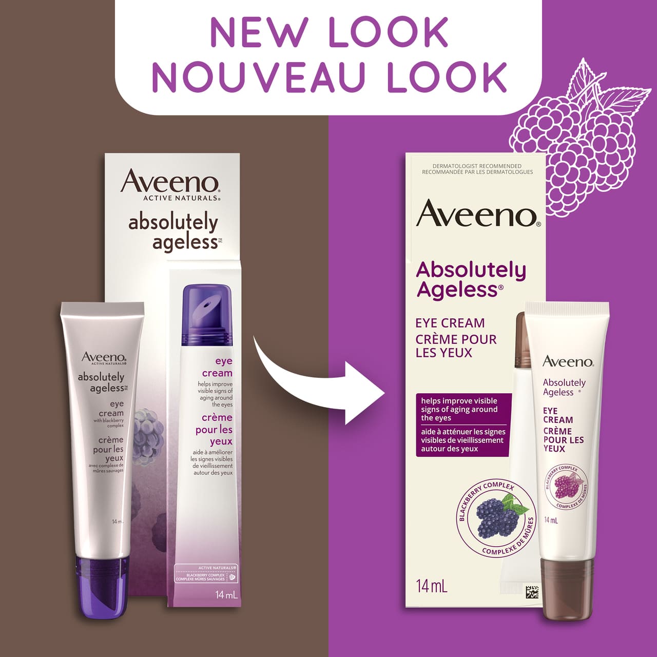 Ancien et nouvel emballage du tube de 14 ml de la crème pour les yeux AVEENO® Absolutely Ageless, avec la mention "nouveau look"