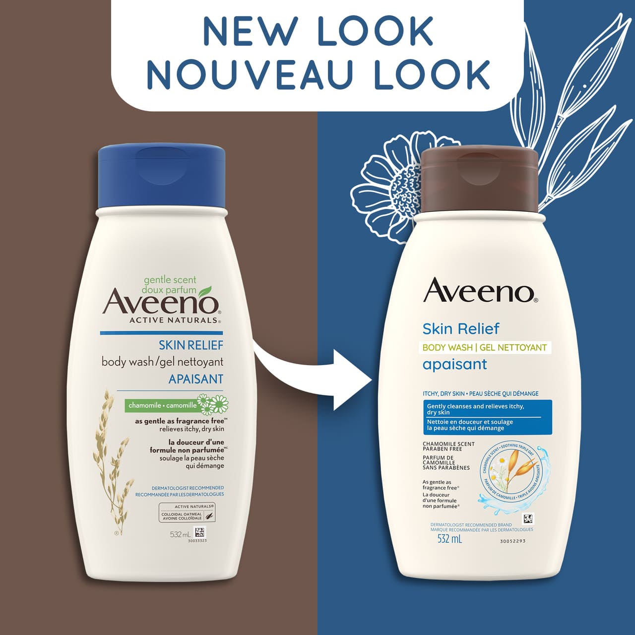 Ancien et nouvel emballage du flacon de 532 ml du gel nettoyant apaisant AVEENO® au doux parfum de camomille, avec la mention "nouveau look"