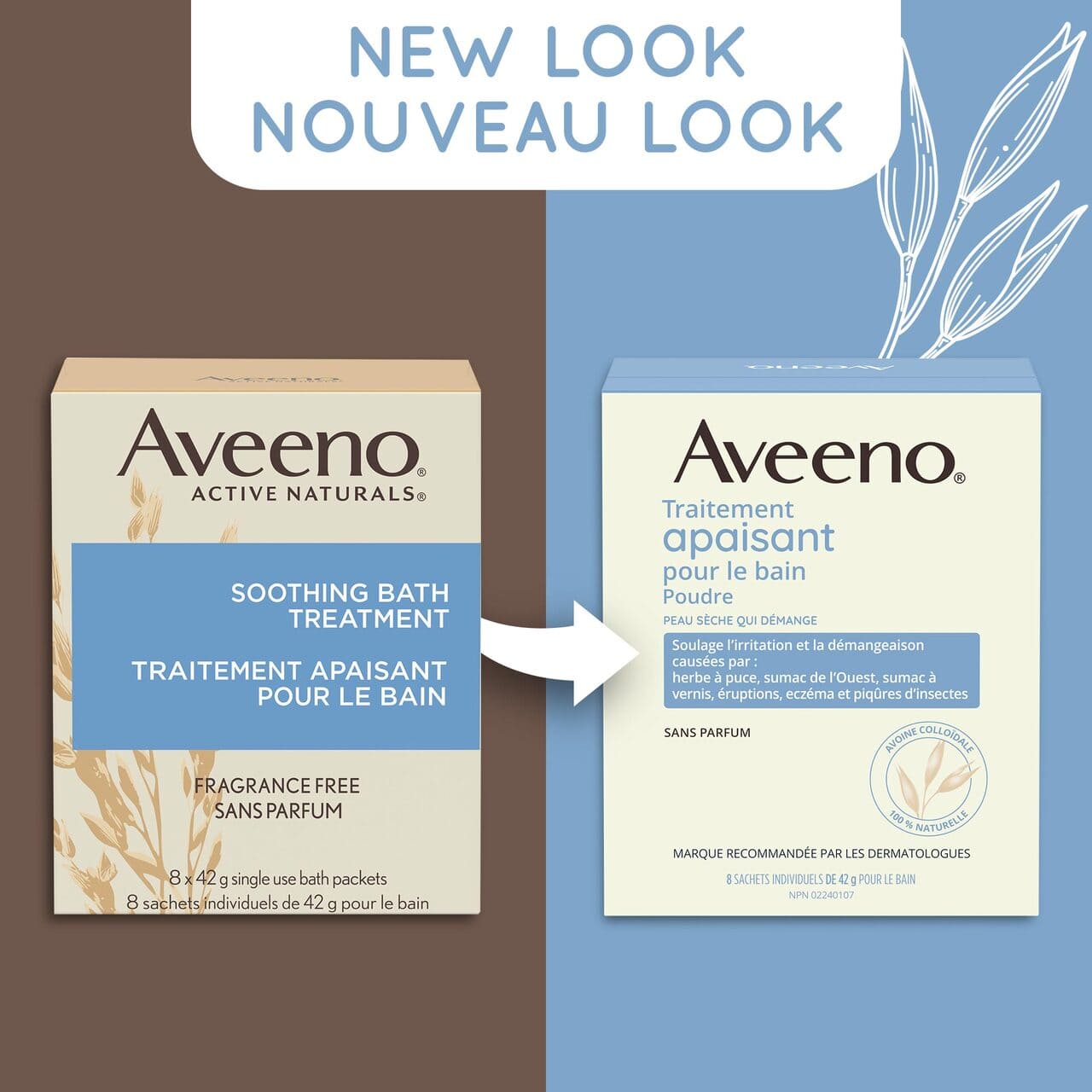 Ancien et nouvel emballage de la boîte de 8 x 42 g du traitement apaisant pour le bain AVEENO®, avec la mention "nouveau look"