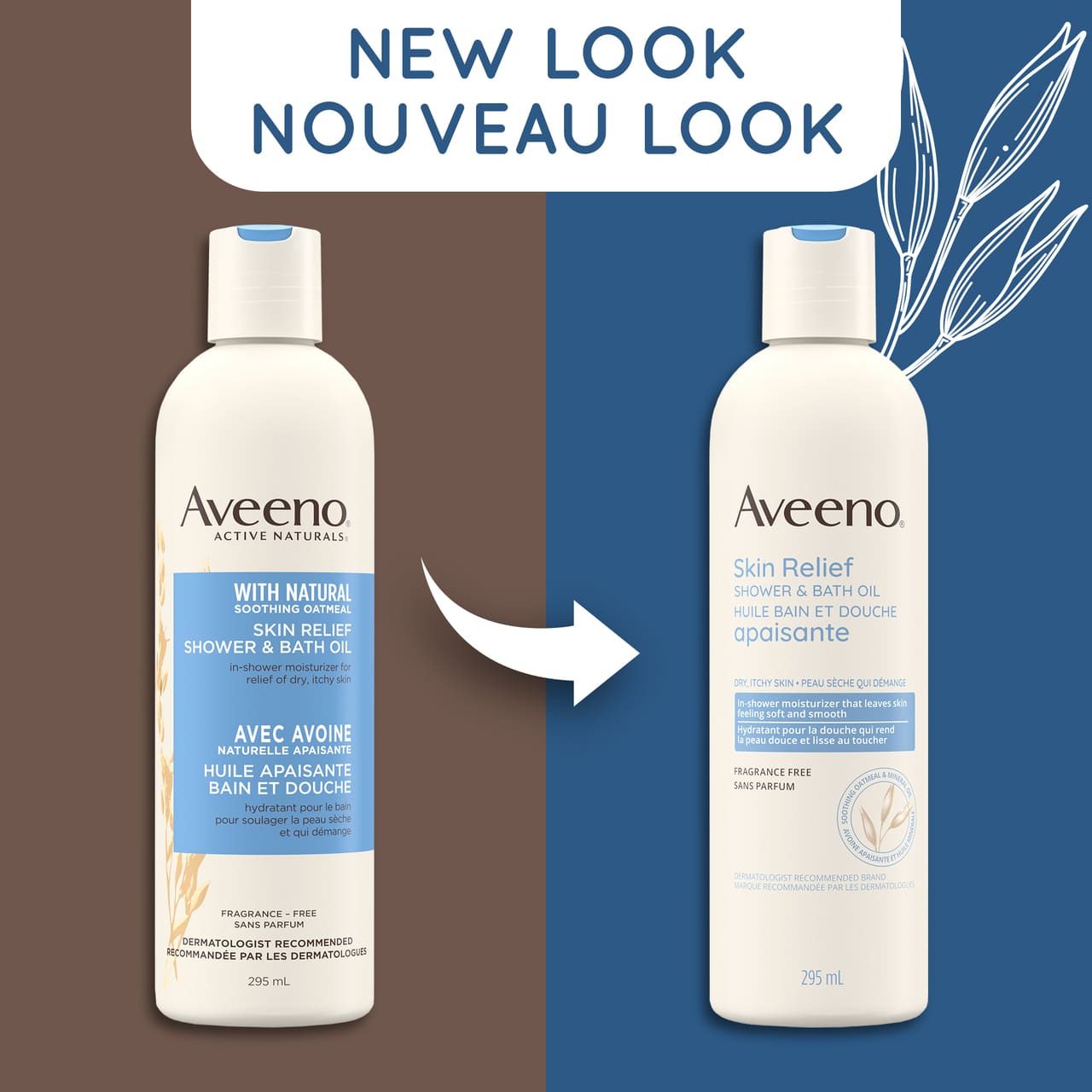 Ancien et nouvel emballage du flacon de 295 ml de l'huile bain et douche apaisante AVEENO®, avec la mention "nouveau look"