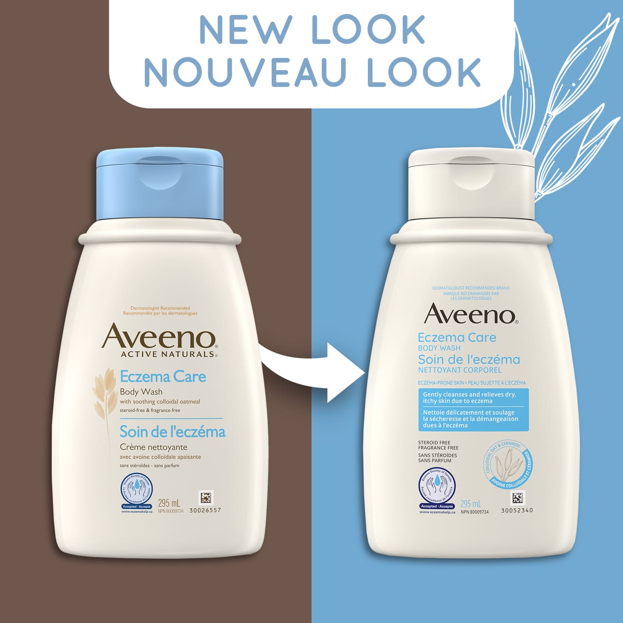 Ancien et nouvel emballage du flacon de 295 ml du nettoyant corporel AVEENO® Soin de l'eczéma, avec la mention "nouveau look"