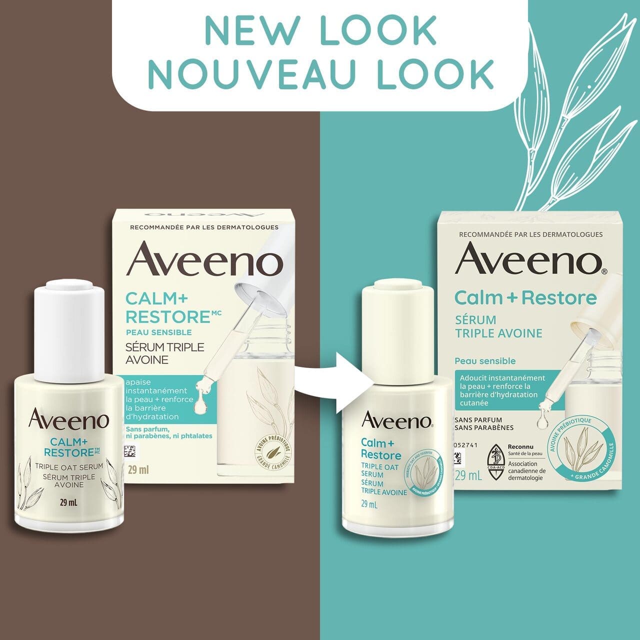 Ancien et nouvel emballage du flacon de 29 ml du sérum triple avoine AVEENO® Calm + Restore, avec la mention « Nouveau look »