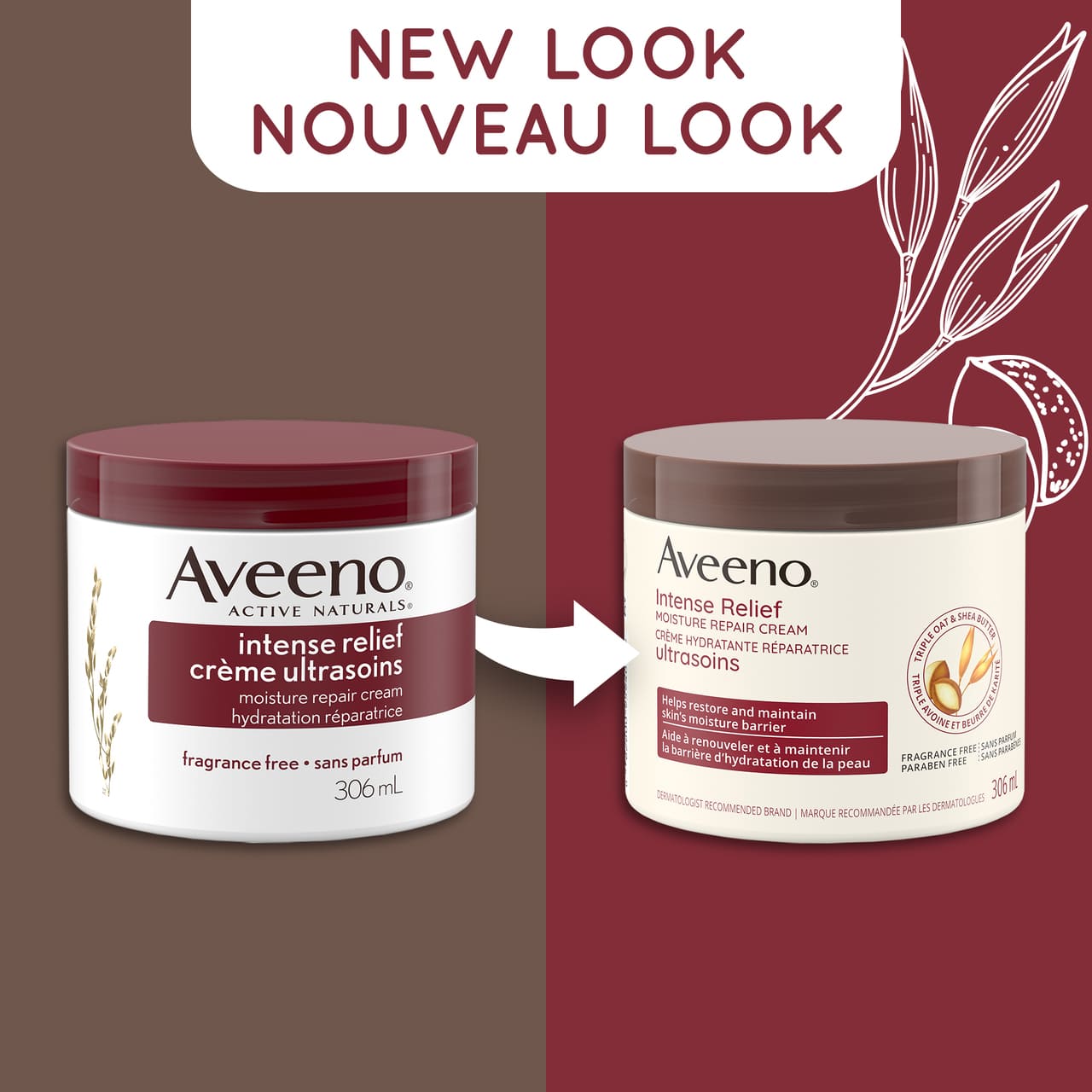 Ancien et nouvel emballage du pot de 306 ml de la crème hydratante réparatrice ultrasoins AVEENO®, avec la mention « Nouveau look »