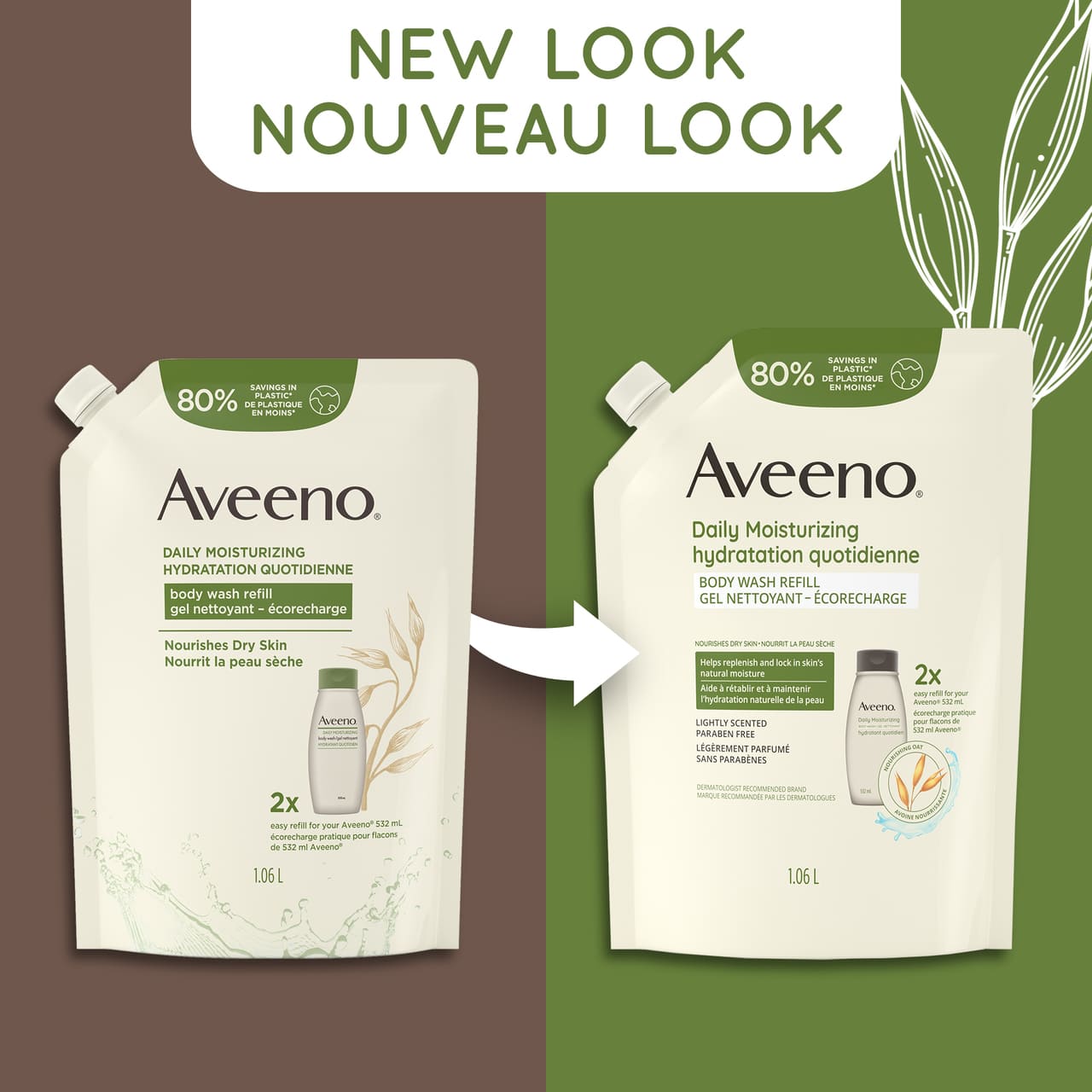 Ancien et nouvel emballage de l'écorecharge de 1,06 L du gel nettoyant AVEENO® Hydratation quotidienne, avec la mention « Nouveau look »