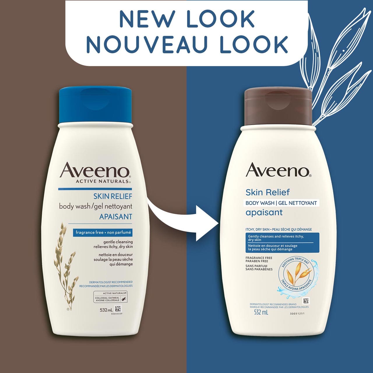 Un ancien et un nouveau flacon à presser de 532 ml du gel nettoyant apaisant Aveeno, non parfumé, avec la mention « Nouveau look »