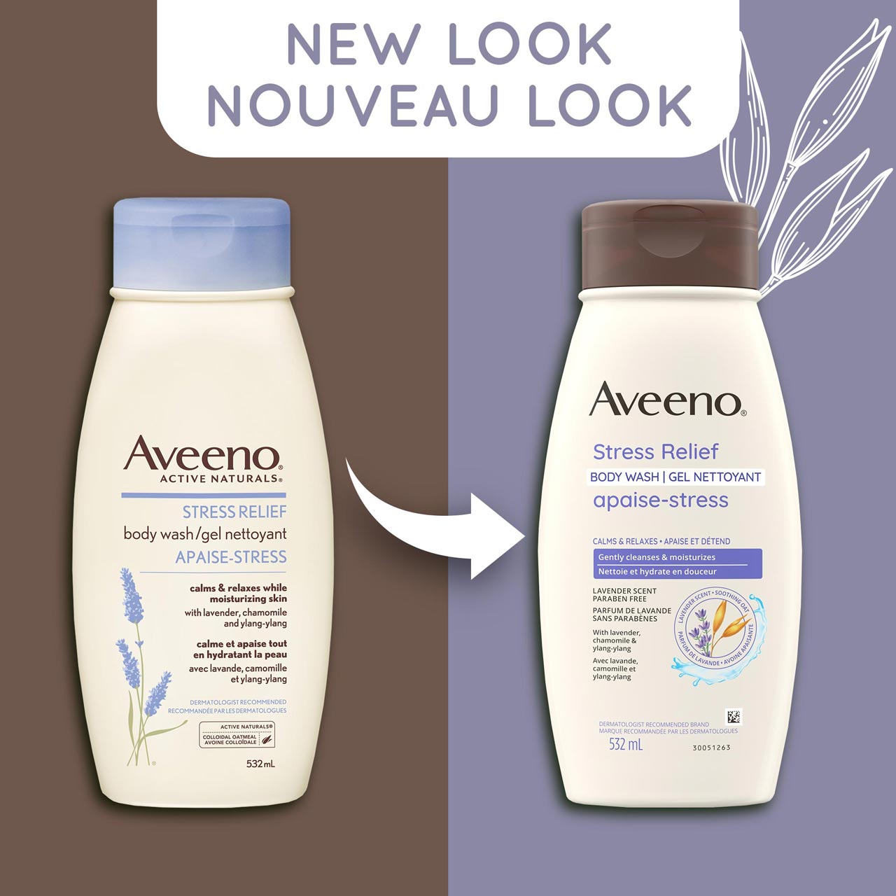 Un ancien et un nouveau flacon à presser de 532 ml du gel nettoyant apaise-stress Aveeno avec la mention « Nouveau look »