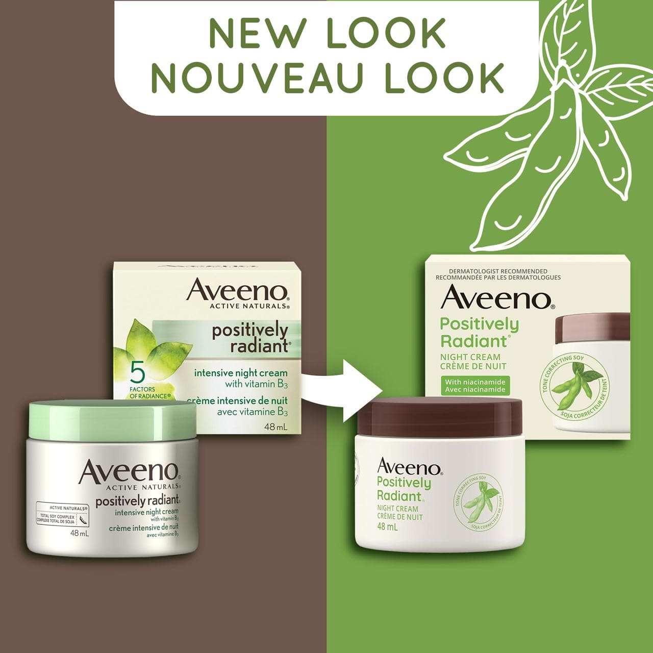 Un ancien et un nouveau pot de 48 ml de la crème intensive de nuit Aveeno Positively Radiant Aveeno avec la mention « Nouveau look »