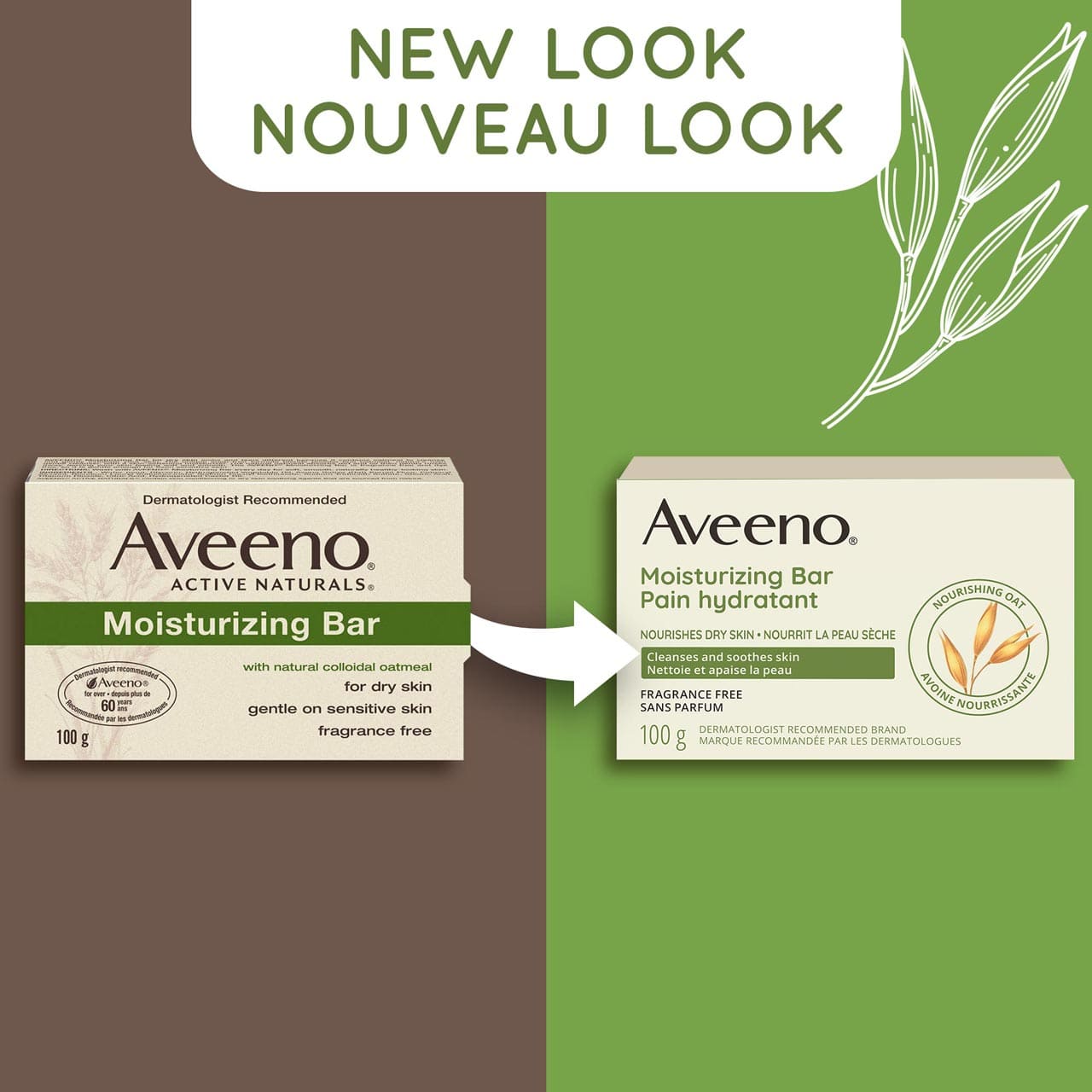Un ancien et un nouvel emballage du pain hydratant Aveeno, 100 g avec la mention « Nouveau look »