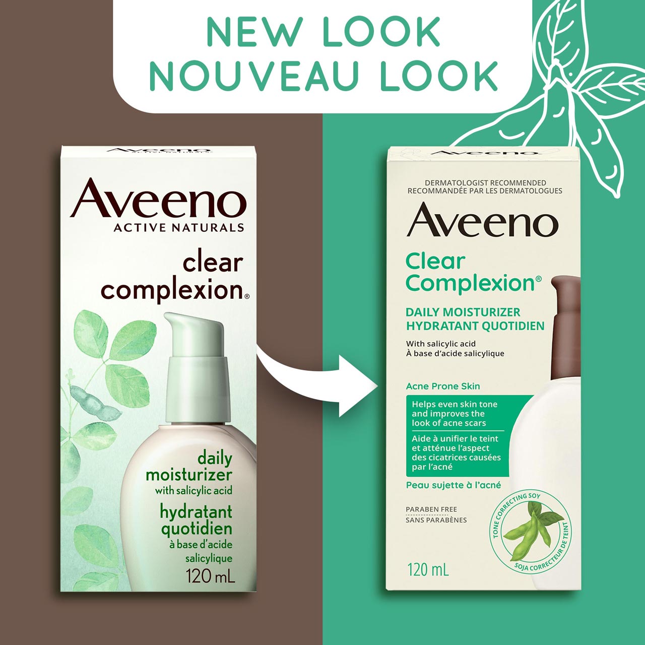 Un ancien et un nouveau flacon-pompe de 120 ml de l'hydratant quotidien Aveeno Clear Complexion, avec la mention : « Nouveau look »