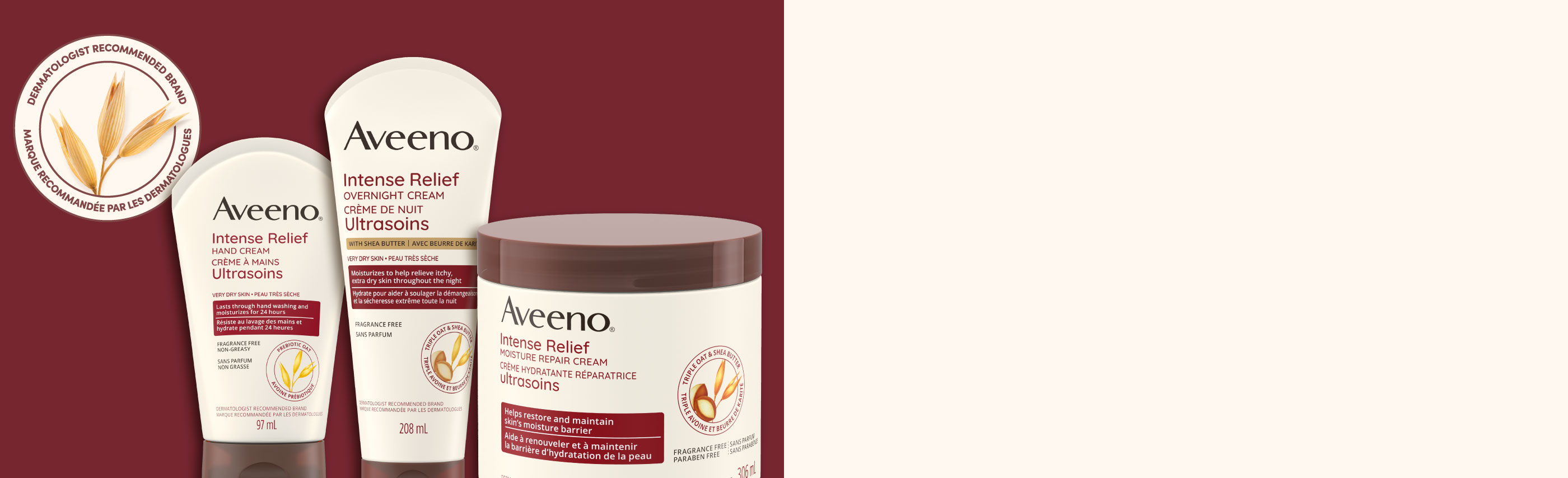 Bannière illustrant trois produits AVEENO® Ultrasoins, avec l'icône de la marque recommandée par les dermatologues en arrière-plan.