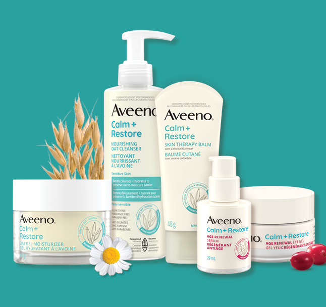 Cinq soins pour le visage Aveeno® Calm + Restore, à base d'avoine, de canneberge et de grande camomille.