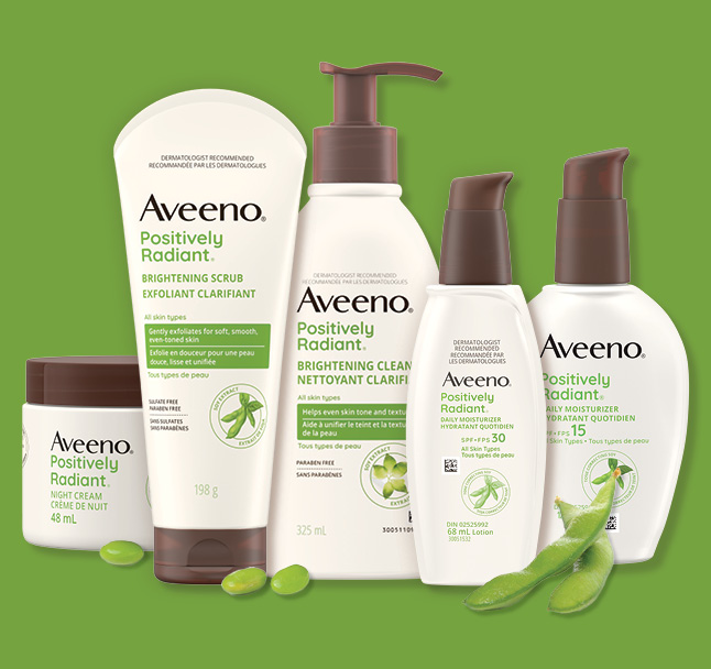 Cinq soins Aveeno® Positively Radiant®, avec des fèves de soja.